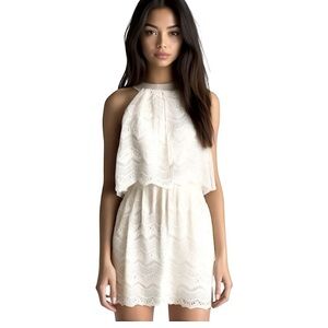 She + Sky Lace Mini Dress Layered M Halter Neck Sleeveless Feminine Minimalist